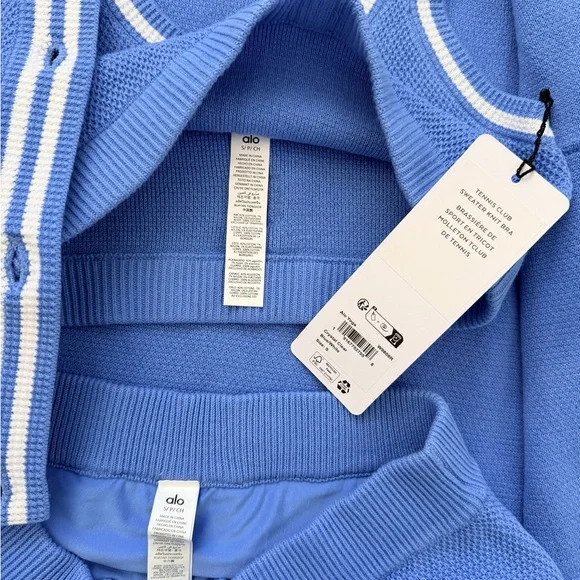 alo tennis club sweater knit bra skirt cardigan set Crystal Clear Blue - Picture 6 of 7